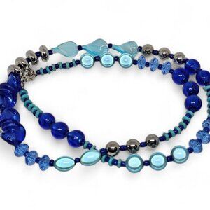 Blue Turquoise Beaded Necklace Long Chunky Statement Boho Coastal Jewelry